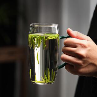 绿茶杯透明玻璃泡茶杯带把手单层办公室水杯单人家用喝水的杯子