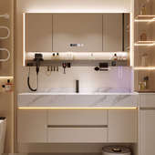新款 奶油风浴室柜组合岩板陶瓷无缝一体洗手脸台盆卫生间厕所洗漱