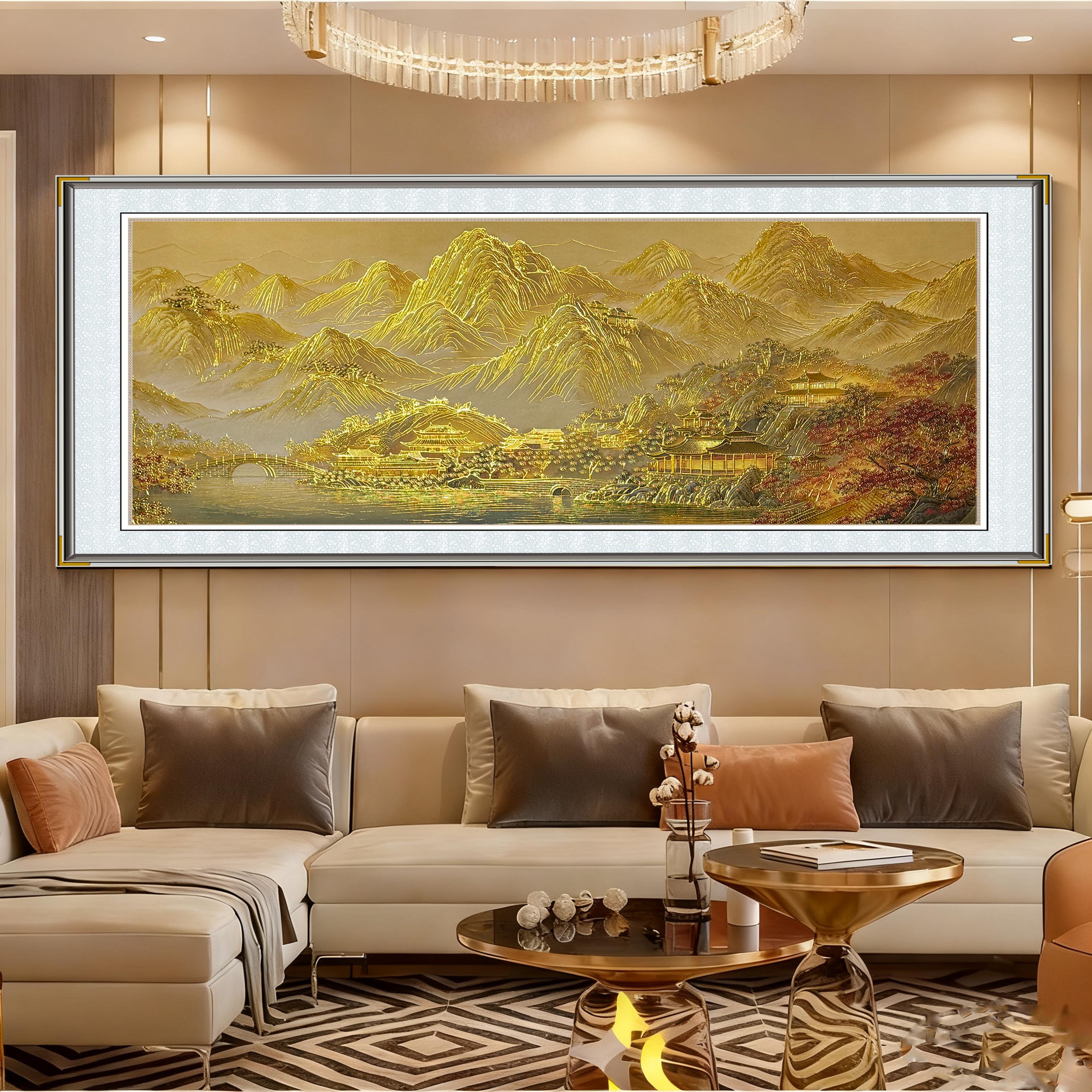 新中式浮雕描金山水画客厅装饰画背靠金山聚宝盆现代轻奢沙发背景