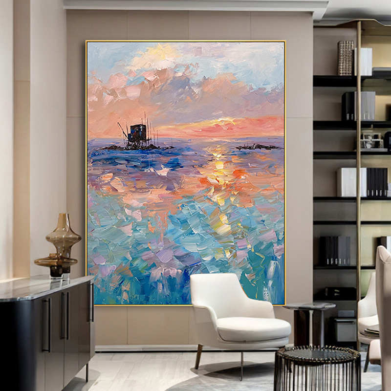 纯手绘油画定制大海风景抽象装饰画客厅玄关现代简约轻奢立体挂画图片