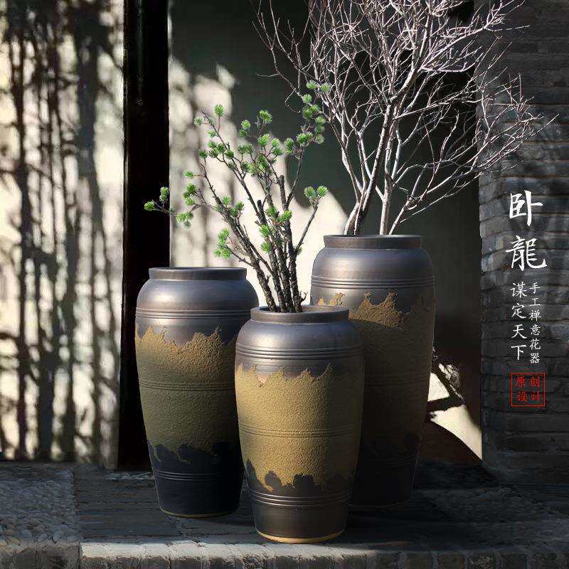 落地陶瓷大花瓶粗陶客厅酒店大堂复古插花器家居软装饰品中式摆件