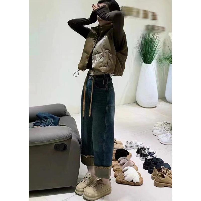 新品复古卷边直筒牛仔裤女春秋季大码宽松梨形身材显瘦高腰抽绳阔