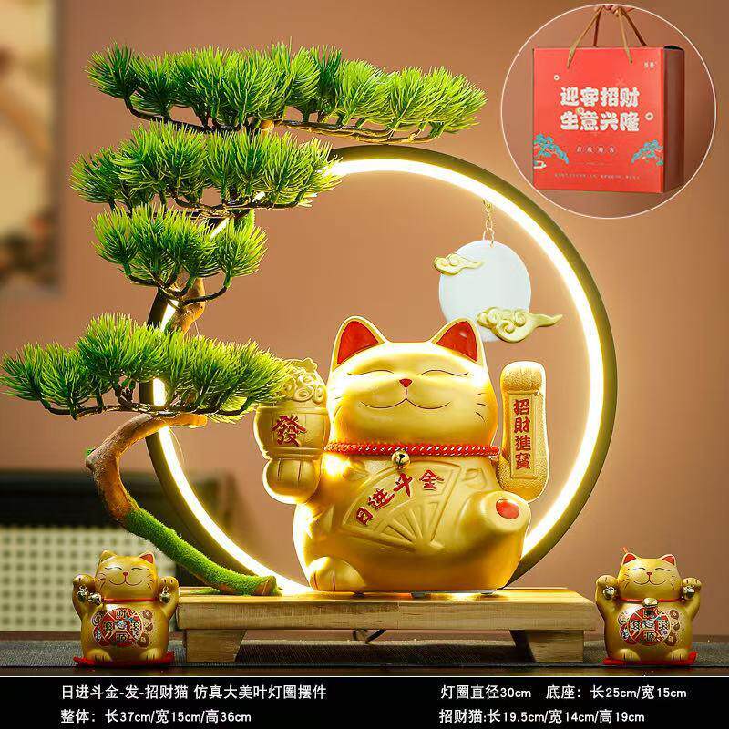 乔动摇手招财猫摆件店铺开业迁礼品台锌意桌面装饰品LED电灯圈前