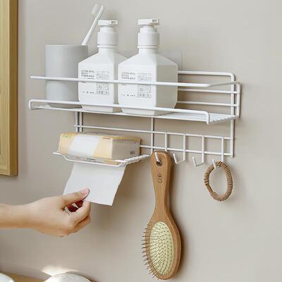 免打孔化妆室置物架浴室三角架牙刷杯挂壁式收纳带挂钩毛巾架一体