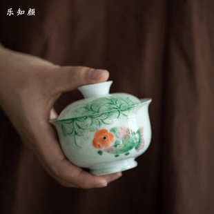 盖碗手绘釉下彩胖头鱼陶瓷功夫茶具高白泥单个泡茶器家用敬茶碗