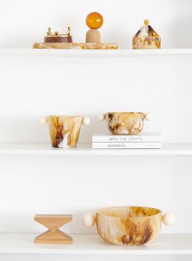 进口球形手柄装饰碗收纳果盘摆件简约新中式样板间托盘首饰盒装饰