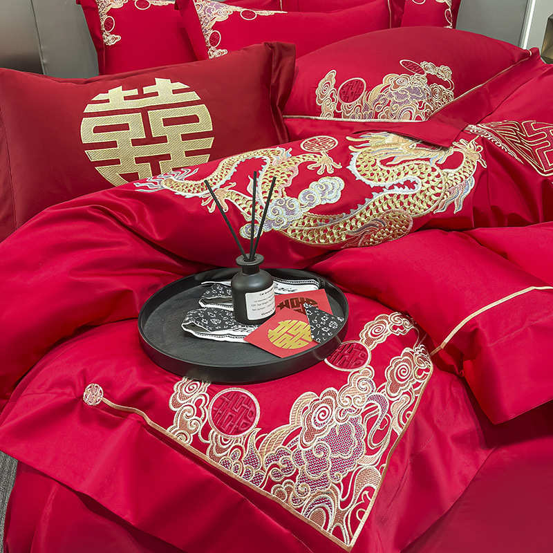 床上用品件套婚婚庆笠床单中式四结婚床磨毛喜庆被套房刺绣大红色