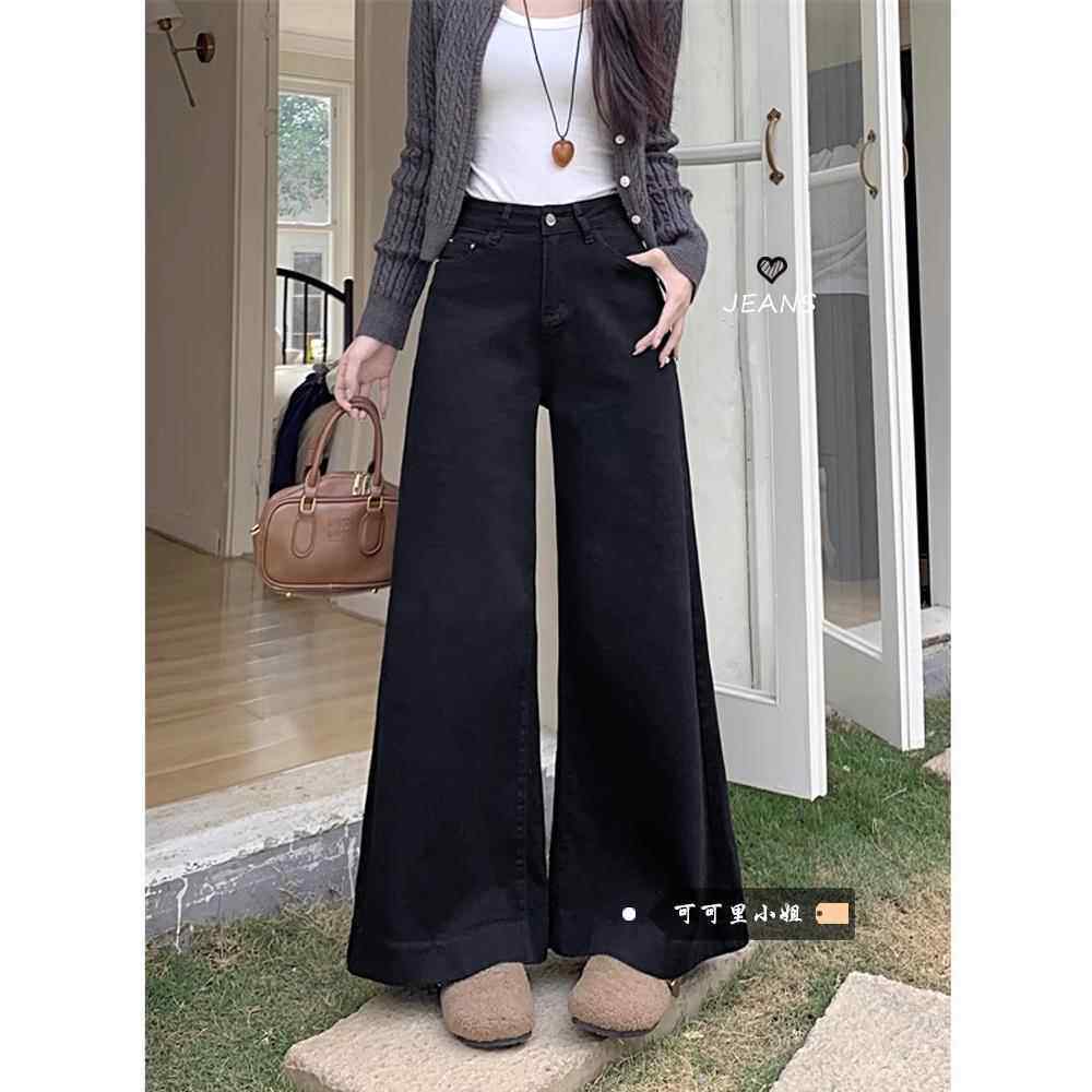 秋季微喇牛仔裤女韩系黑色高腰阔腿2025新款时尚百搭宽松显瘦长裤