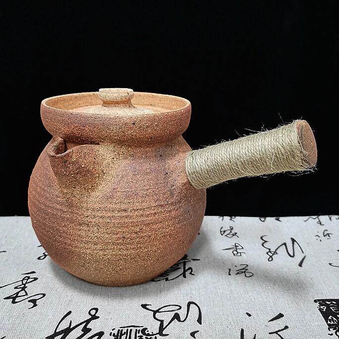 云南土陶煮茶罐子碳烤炉粗陶炕茶罐全手工柴烧带盖子子侧把覆古田