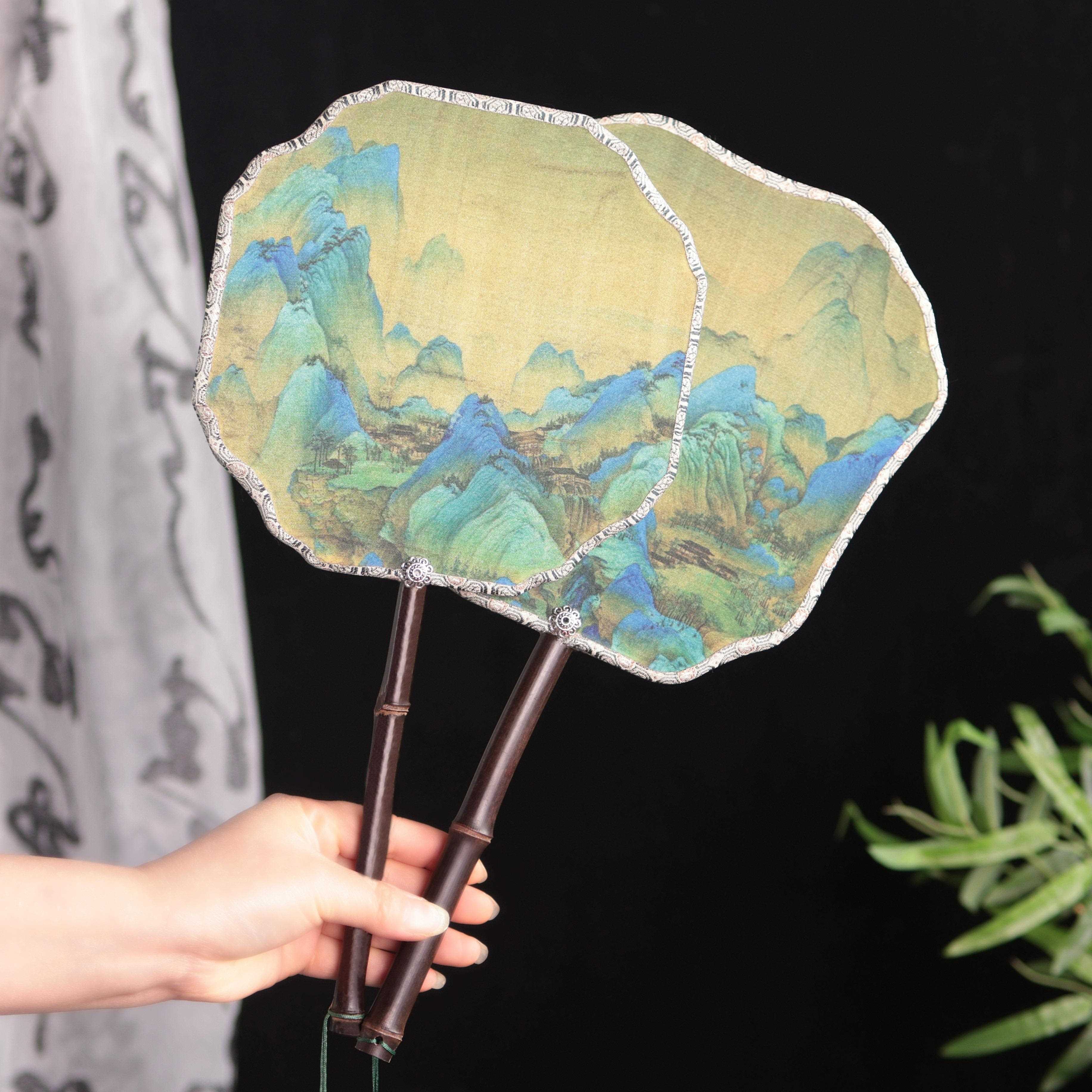 古风千里江山紫竹手柄双面团扇流苏宫扇搭配汉服旗袍拍照道具扇子