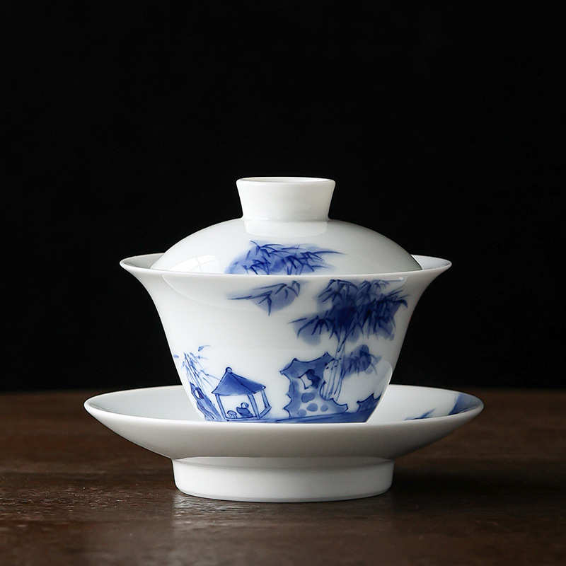 手绘竹林茶舍三才盖碗茶杯单个高档陶瓷茶碗带盖泡茶功夫茶具套装