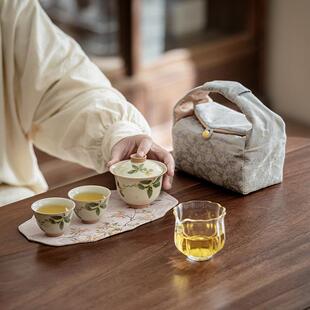 新中式便携旅行茶具一碗两杯收纳袋织锦户外手提棉麻布包茶杯盖碗