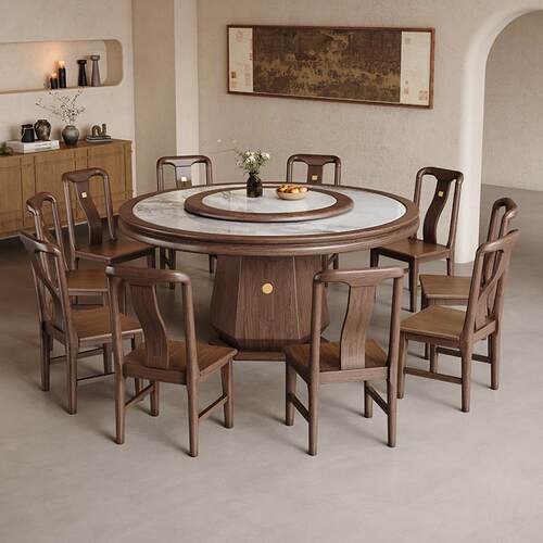 黑胡桃木实木岩板餐桌家用酒店高端圆形饭桌2025新款带转盘大圆桌