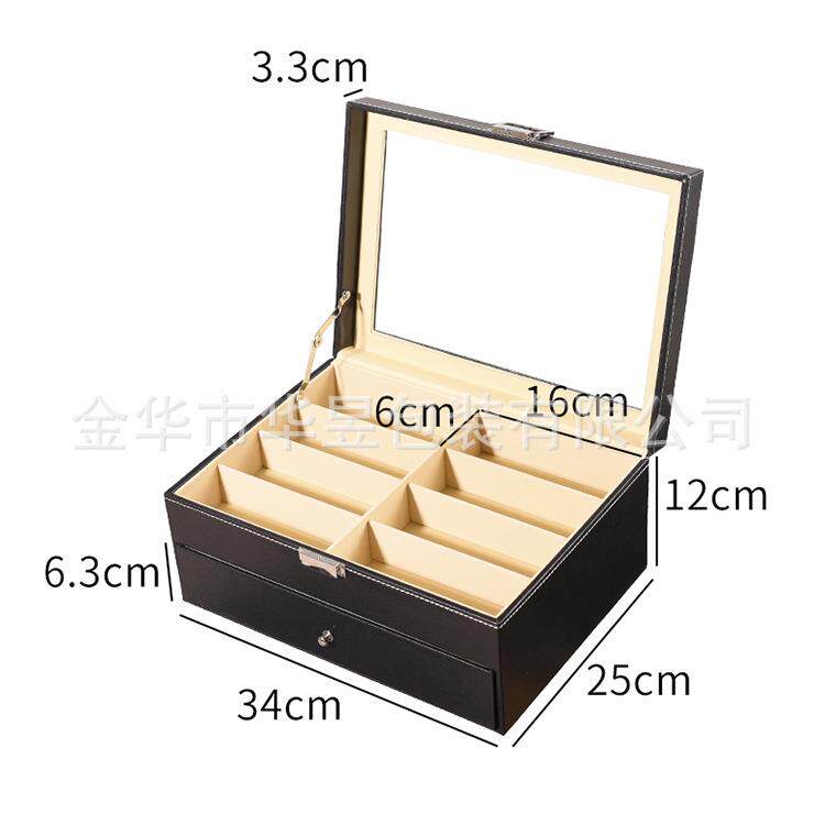跨境眼镜收纳盒现货pu开窗墨镜收纳展示盒双层16格太阳眼镜盒