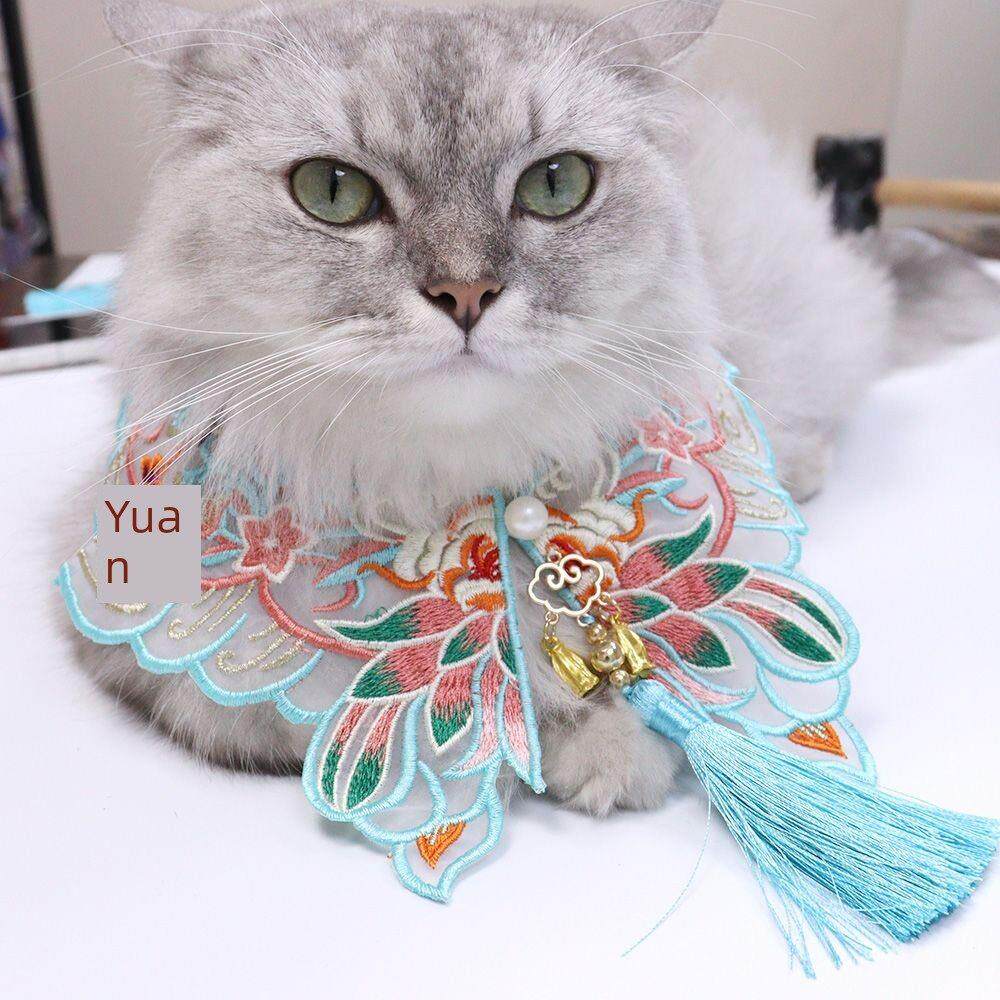 汉服配饰披肩宠物围巾国风流苏猫咪狗狗围兜蓝色莲花刺绣中式围脖