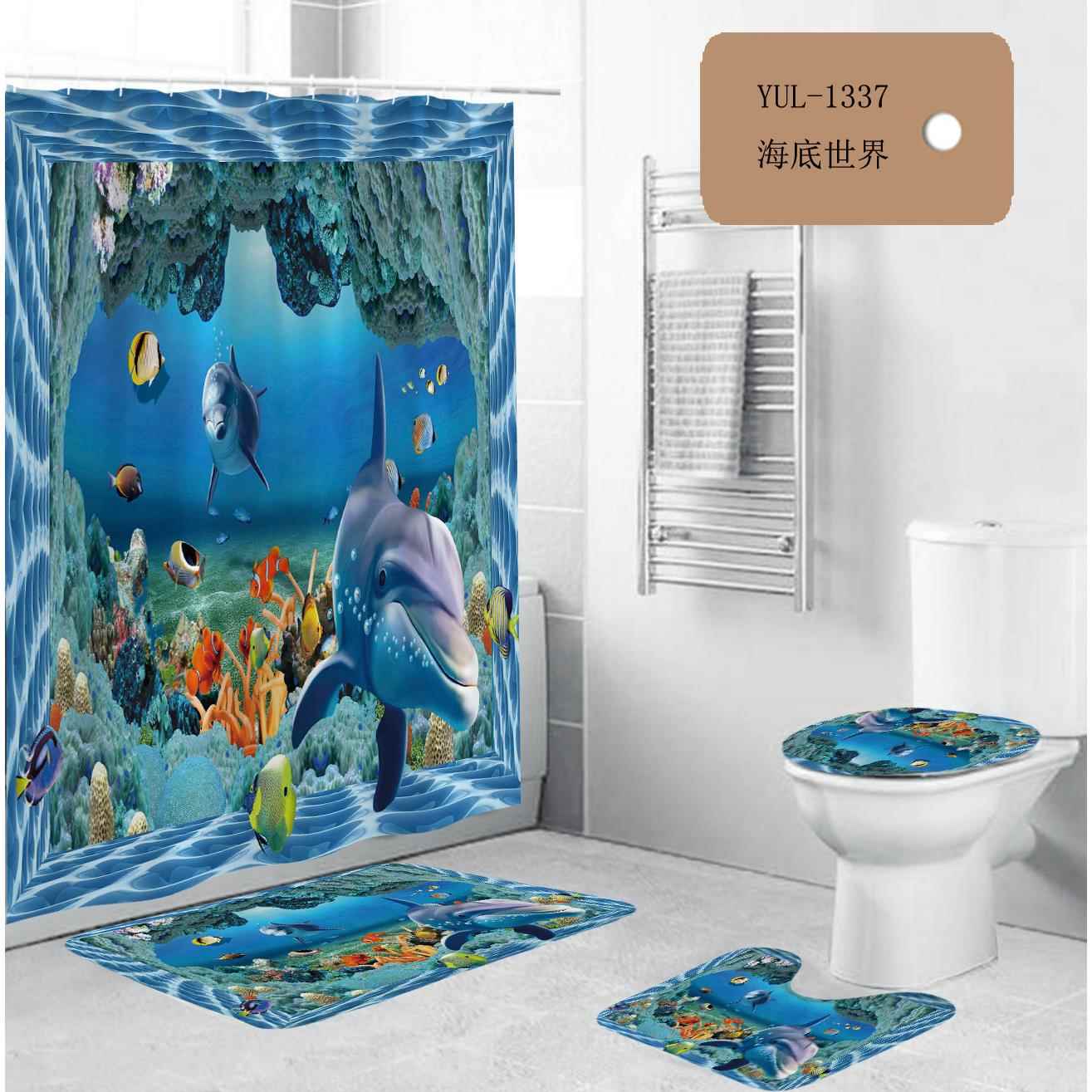 跨境电商海豚海底世界 3D数码印花全涤纶防水浴帘 马桶四件套浴帘