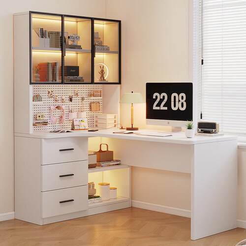 转角书桌书架一体桌简易办公桌学生家用卧室书柜学习桌台式电脑桌