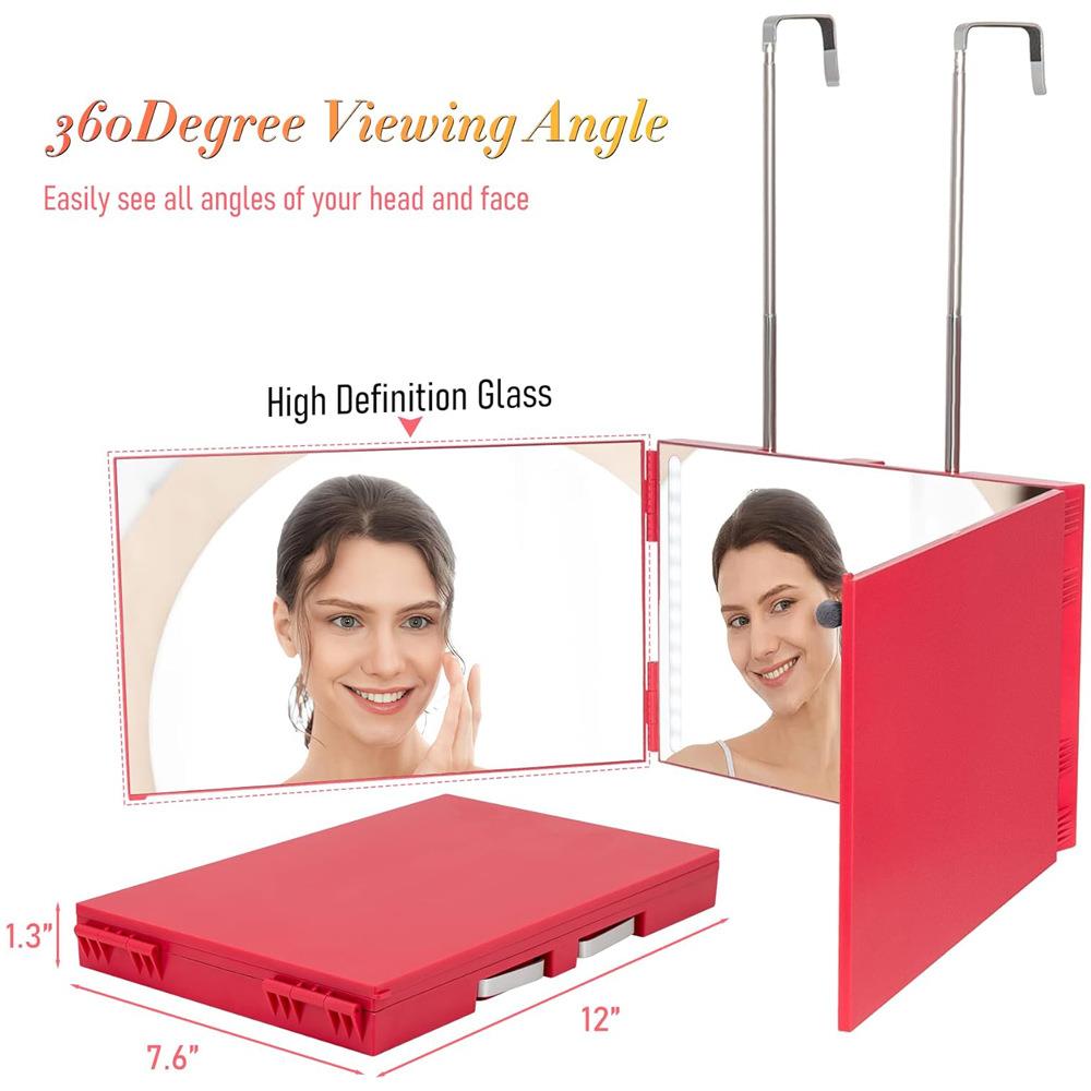 可悬挂家用便携男士自理发镜子带灯 挂式三面折叠LED理发化妆镜