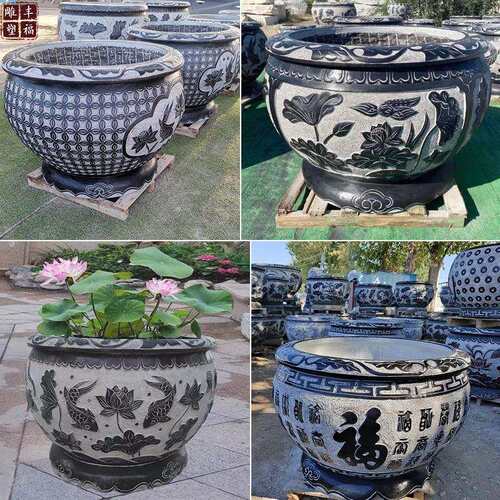 石缸青鲤石雕花鱼汉缸白玉荷花鱼福鱼缸花盆字石材鱼缸庭院别墅石