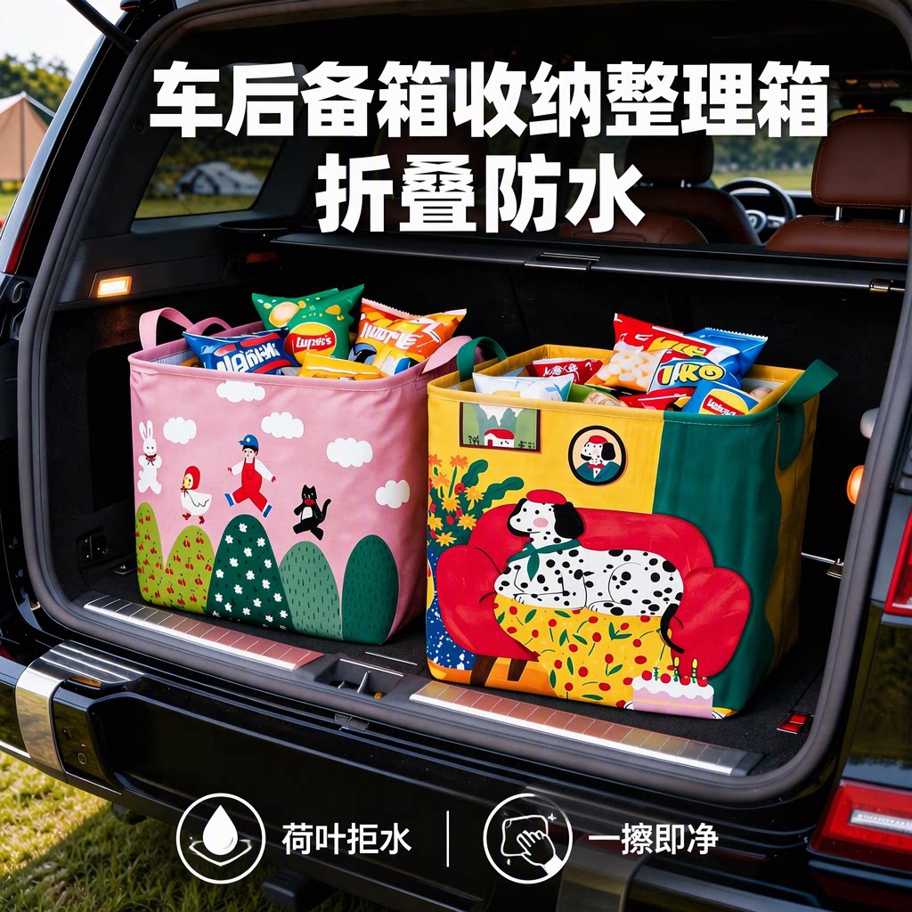 汽车后备箱收纳整理箱折叠防水防潮多巴胺风格杂物储物箱自驾出行