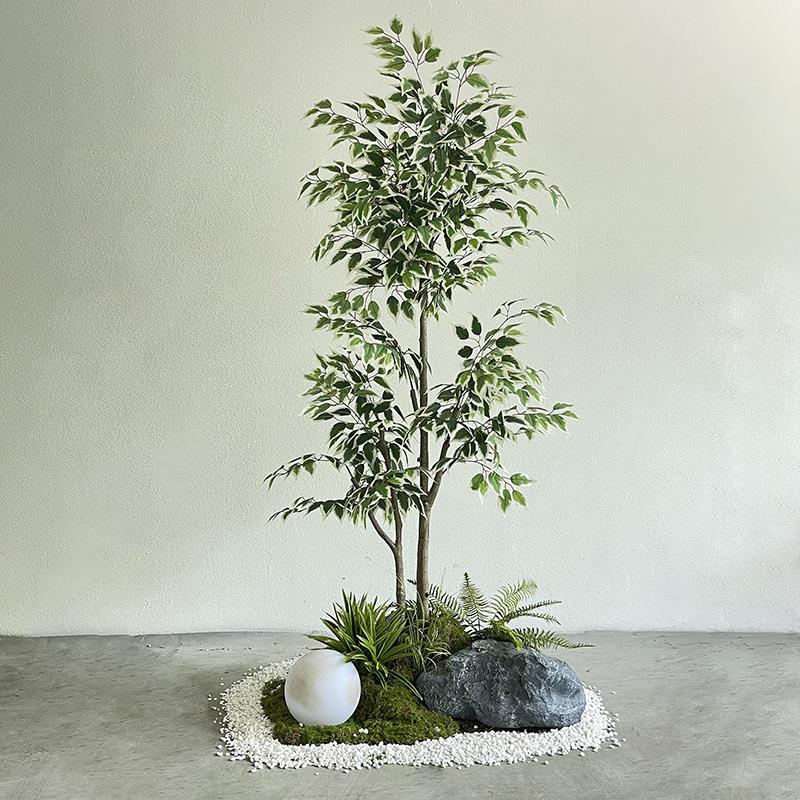 仿真绿植造景组合白边榕树盆栽楼梯下景观空间布置商场橱窗装饰