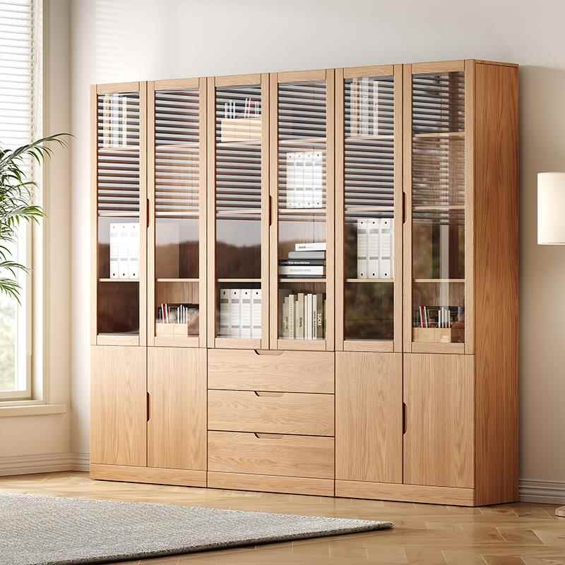 X&全实木橡木书柜带玻璃门组合书架书橱简约现代书房家用落地文件