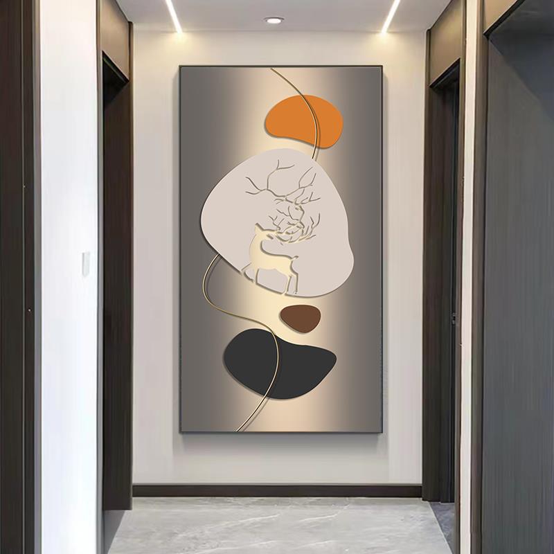 高档现简玄挂关装饰画入户客厅走廊壁画过代道竖版大气高端招财鹿图片