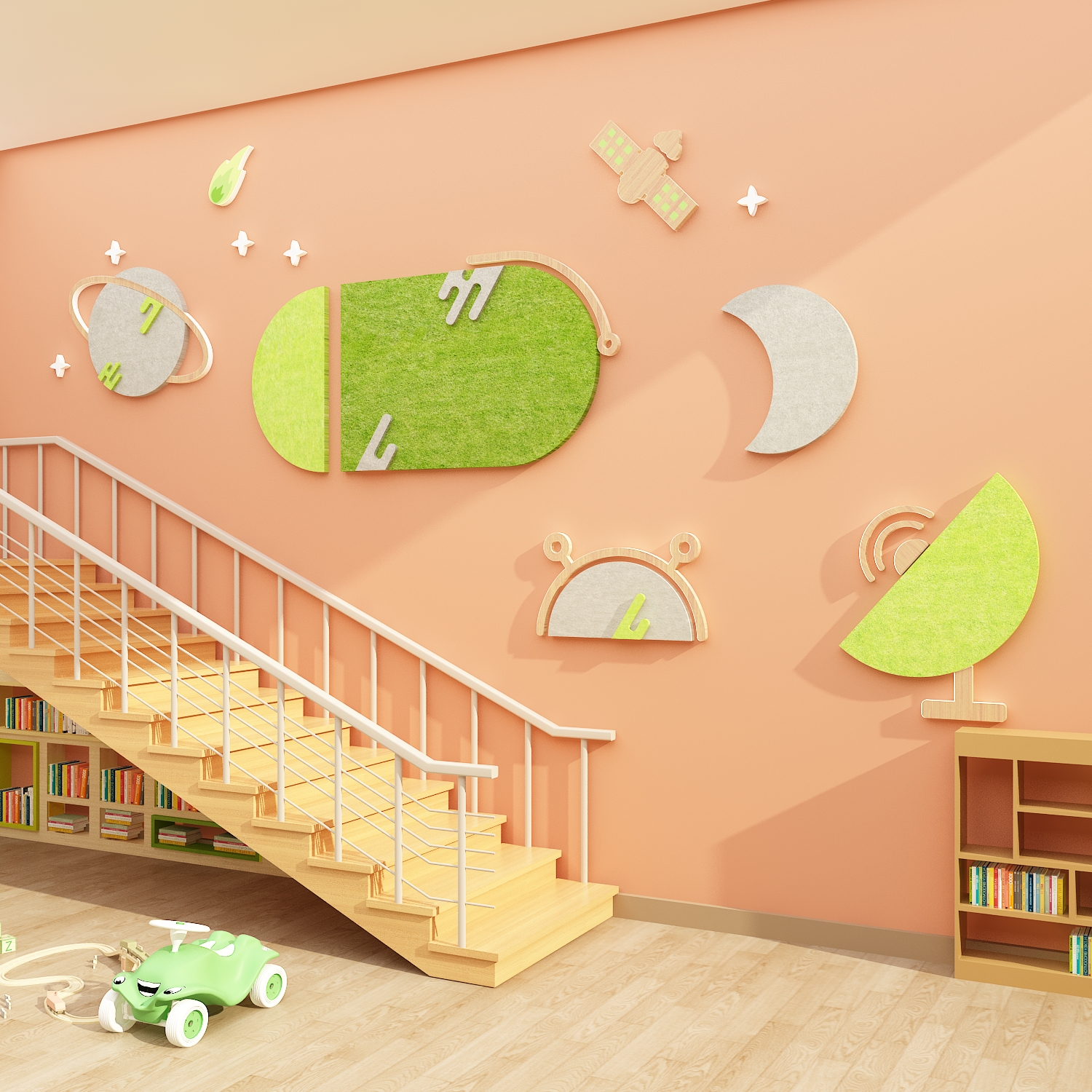 高端幼儿园楼梯墙面装饰毛毡板环创太空主题文化墙成品境布置材料