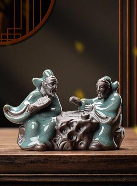 创意陶瓷历史人物哥窑茶宠花宠小摆件茶玩车载茶盘花盆造景装饰品