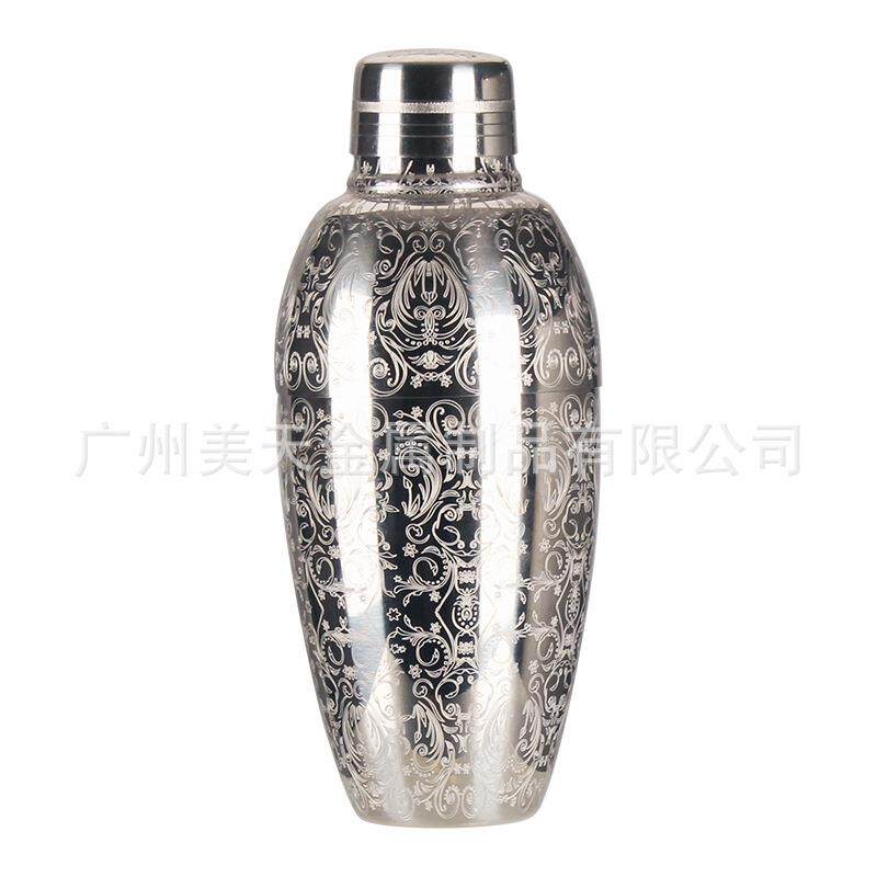 202004锈钢美式调酒器醒酒器摇三段式酒壶蚀吧刻刻花调酒不器酒用