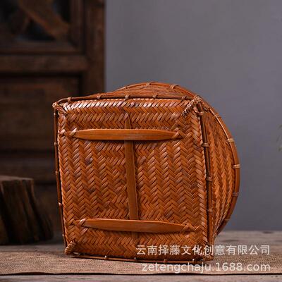 复古大漆竹编提手果盘干果竹雕