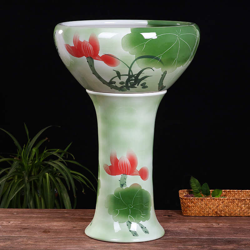 精品陶瓷落地立柱式鱼缸碗莲睡莲盆大号养鱼盆乌龟荷花缸家用造景