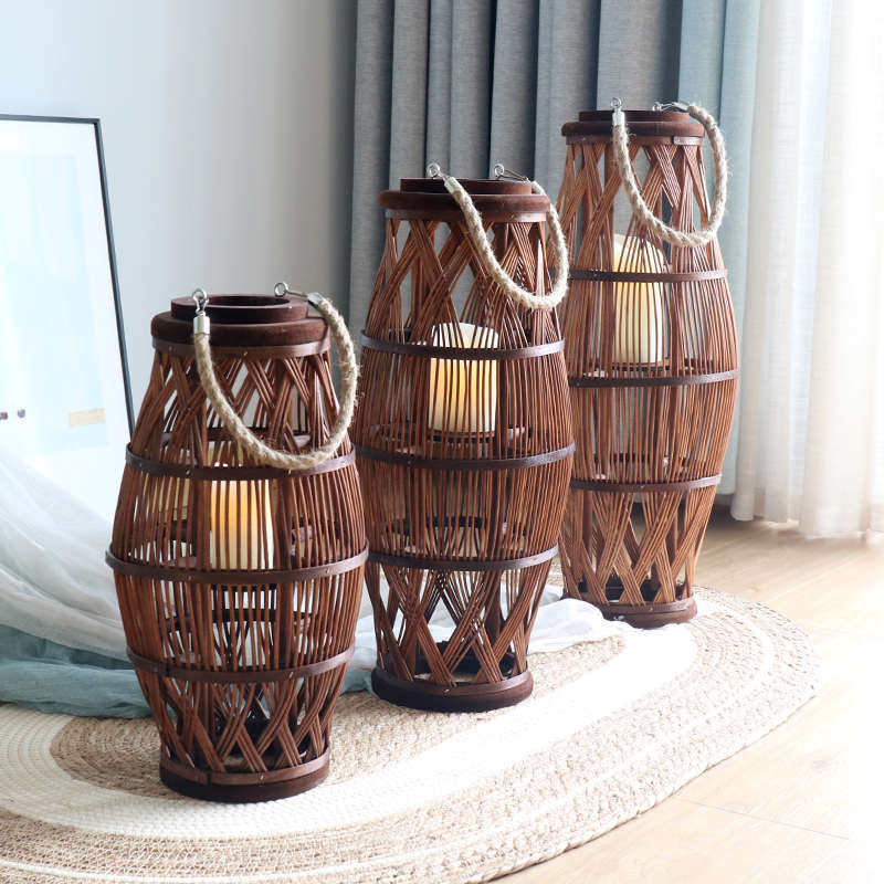 藤编烛台风灯新中式装饰摆件样板间民宿酒店悬挂落地灯笼庭院日式