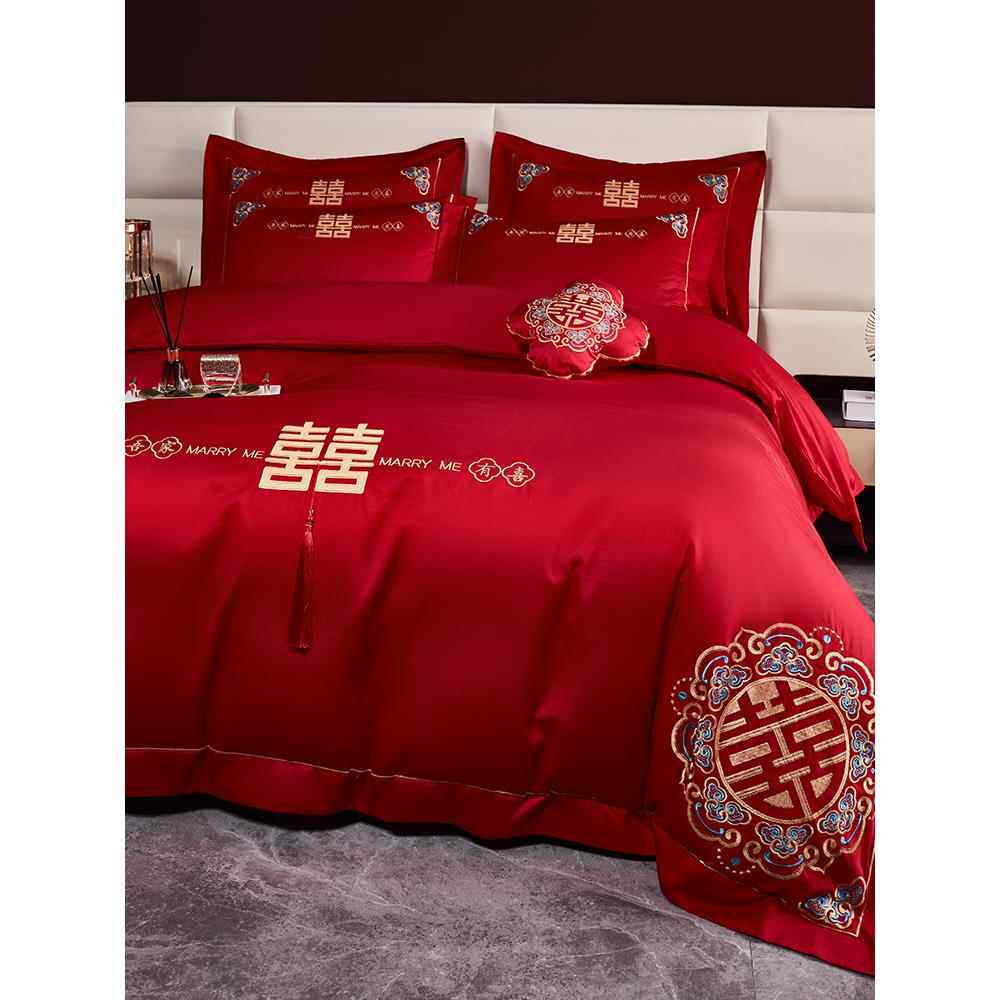 新中式大红色婚庆四件套100S长绒棉被套纯棉床单结婚喜被床上用品