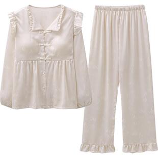 马克公主新中式睡衣春秋女款冰丝长袖轻奢高级感国风带胸垫家居服