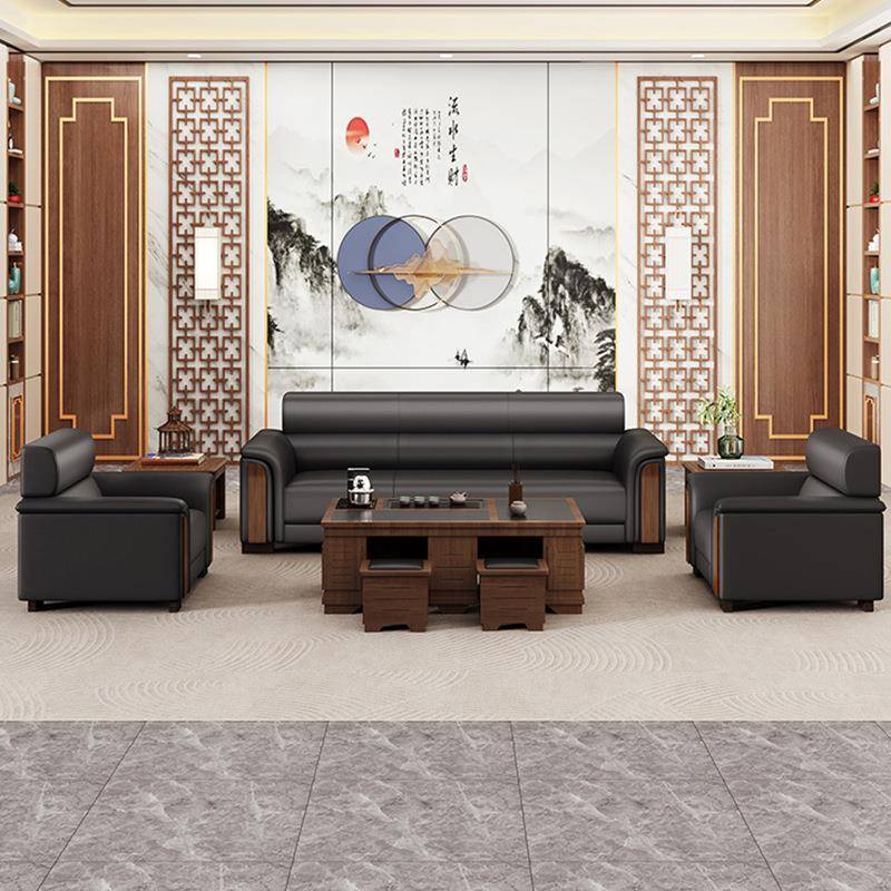 新中式真皮办公沙发简约现代会客区商务接待室沙发茶几组合