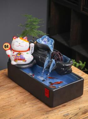 中式招财猫流水摆件循环流水生财客厅办公室桌面装饰开 业送礼礼