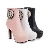 短靴40 高跟大码 粗跟大码 45码 女靴粗跟花朵短靴粉色