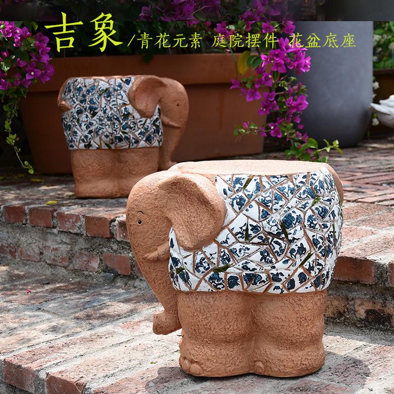 复古仿塑花瓷大象花盆座摆件创意户外园2.24青花林青动底物雕庭院