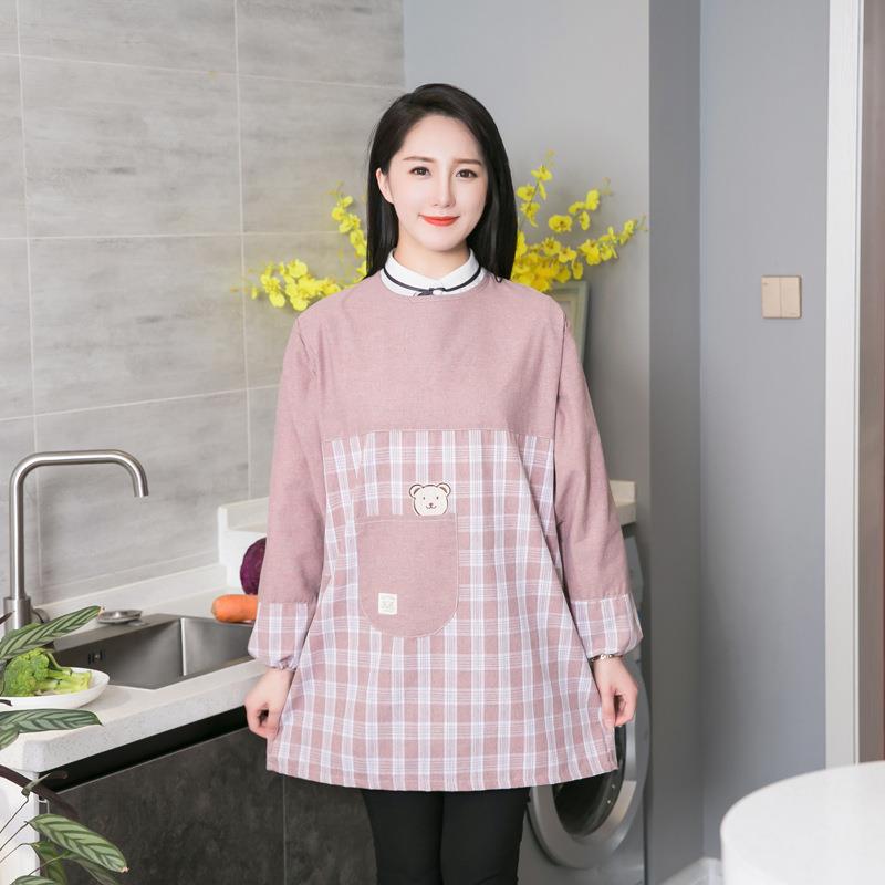格子口袋熊长袖涤棉厨房围裙大人可爱带袖罩衣女士防污工作服反穿