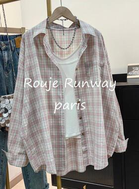 Rouje Runway格子衬衫女长袖2026春夏新韩系宽松上衣叠穿开衫外套