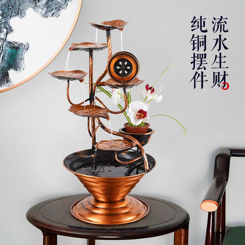 纯铜摇钱树流水生财摆件室内客厅玄关水景桌面店铺创意风水轮景观