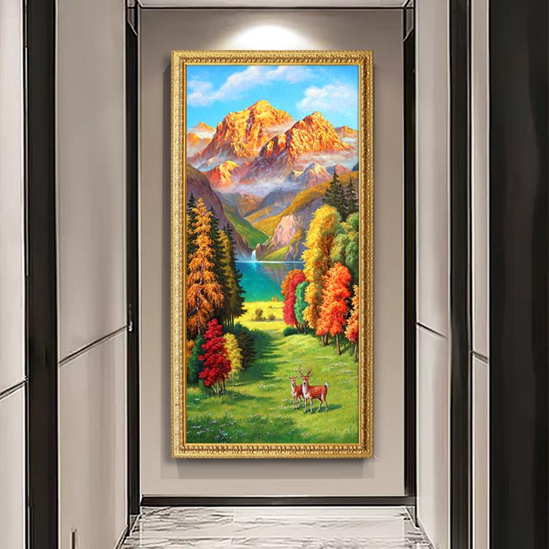 网红手金山户玄关挂廊画绘油风画聚宝盆走入新中式美式装饰画景挂图片