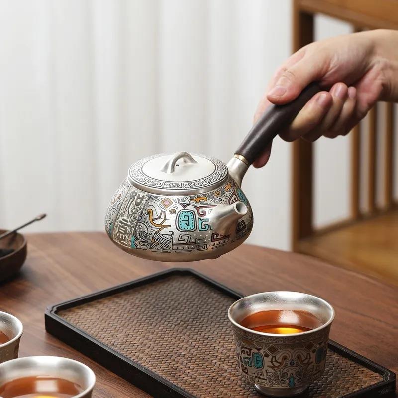 鎏银茶具套装银壶家用送礼办公室饕餮图腾一壶四杯茶杯茶壶一整套