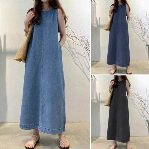 Sleeveless pocket long pullover denim dress