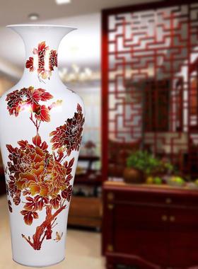 高档家景德镇中国红色开金沙牡丹客厅落地大花瓶婚庆居花贵富装饰