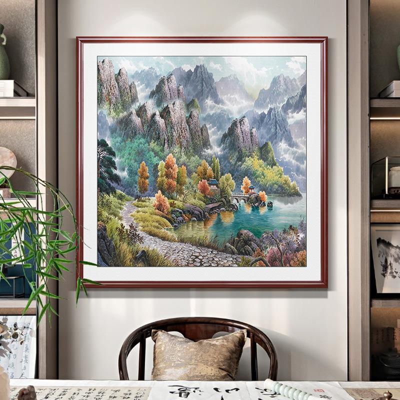 新中式玄关画方形源远流长山水画客厅鸿运当头挂画办公室装饰墙画