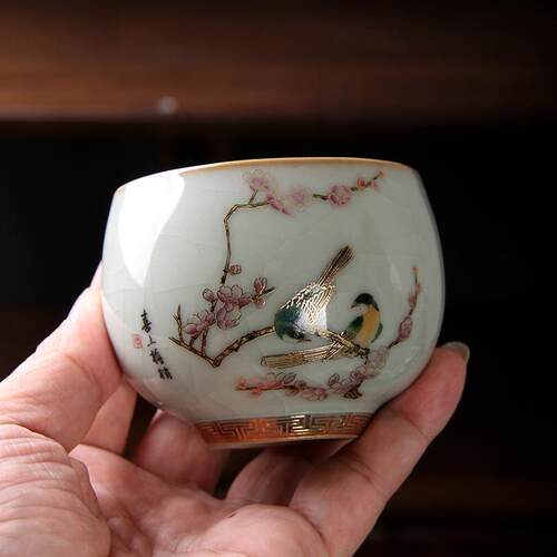 青玉汝窑喜上眉梢禅定主人杯中式茶盏汝瓷四方茶杯复古龙旦品茗杯