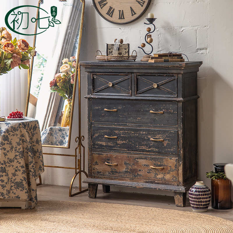 美式乡村田园风复古做旧斗柜 实木客厅抽屉边柜 侘寂风沙发五斗柜
