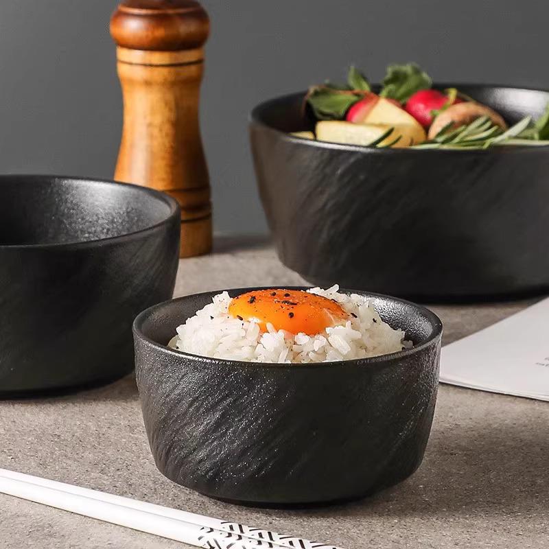 岩砂高级感吃饭碗家用黑白色的陶瓷盘高颜值小碗米饭沙拉日式餐具